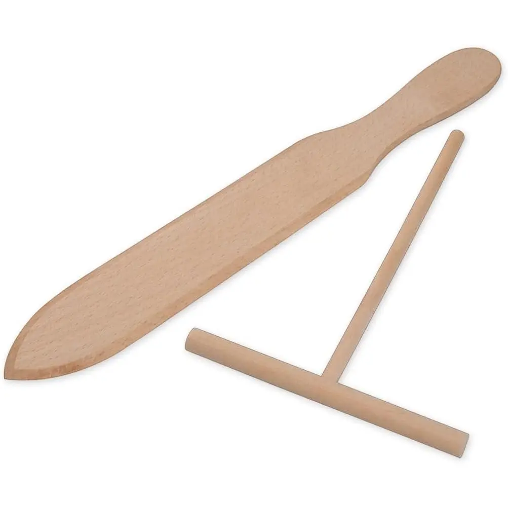 Unique Style Crepe Scraper and Crepe Spatula Set 2 Pieces Crepe Tools Wooden Spatula and 4.7inch T-Shaped Tool