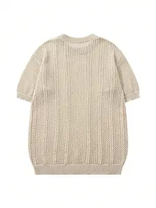 Men’s New Casual Loose Minimalist Solid Color Vertical Stripe Semi-Sheer Breathable Korean Style Versatile Commuter Basic Spring/Summer Crew Neck Pullover Short-Sleeve Knit T-Shirt