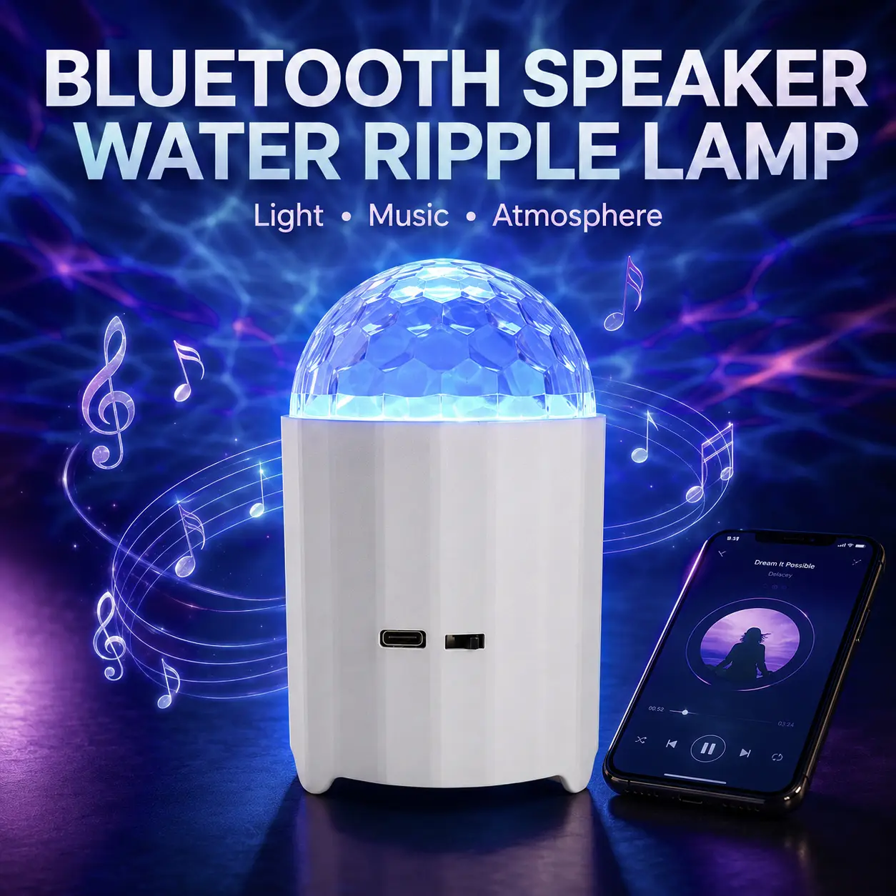 Bluetooth Speaker Water Ripple Projector Lamp, Rechargeable RGB Disco Ball Night Light with Music Sync, Colorful Party Atmosphere Lamp for Bedroom, Living Room, KTV, DJ, Party Gift