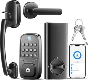 Lock with Handle, Fingerprint & Keyless Entry Door Lock with Built-in WiFi, App & Voice Control, Auto-Lock, for Front Door (Black)