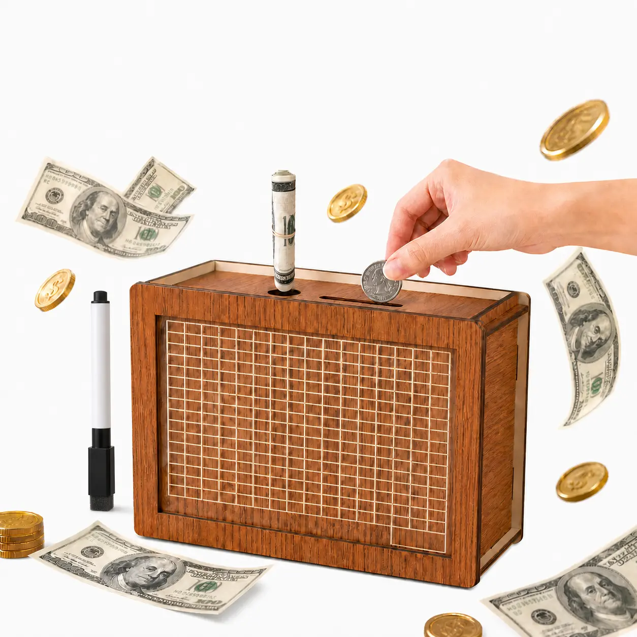 Wooden Savings Challenge Box, Reusable 10000 Dollar Piggy Bank with Erasable Pen, DIY Assembly Cash Coin Storage for Budget Planning & Household Finance Management.