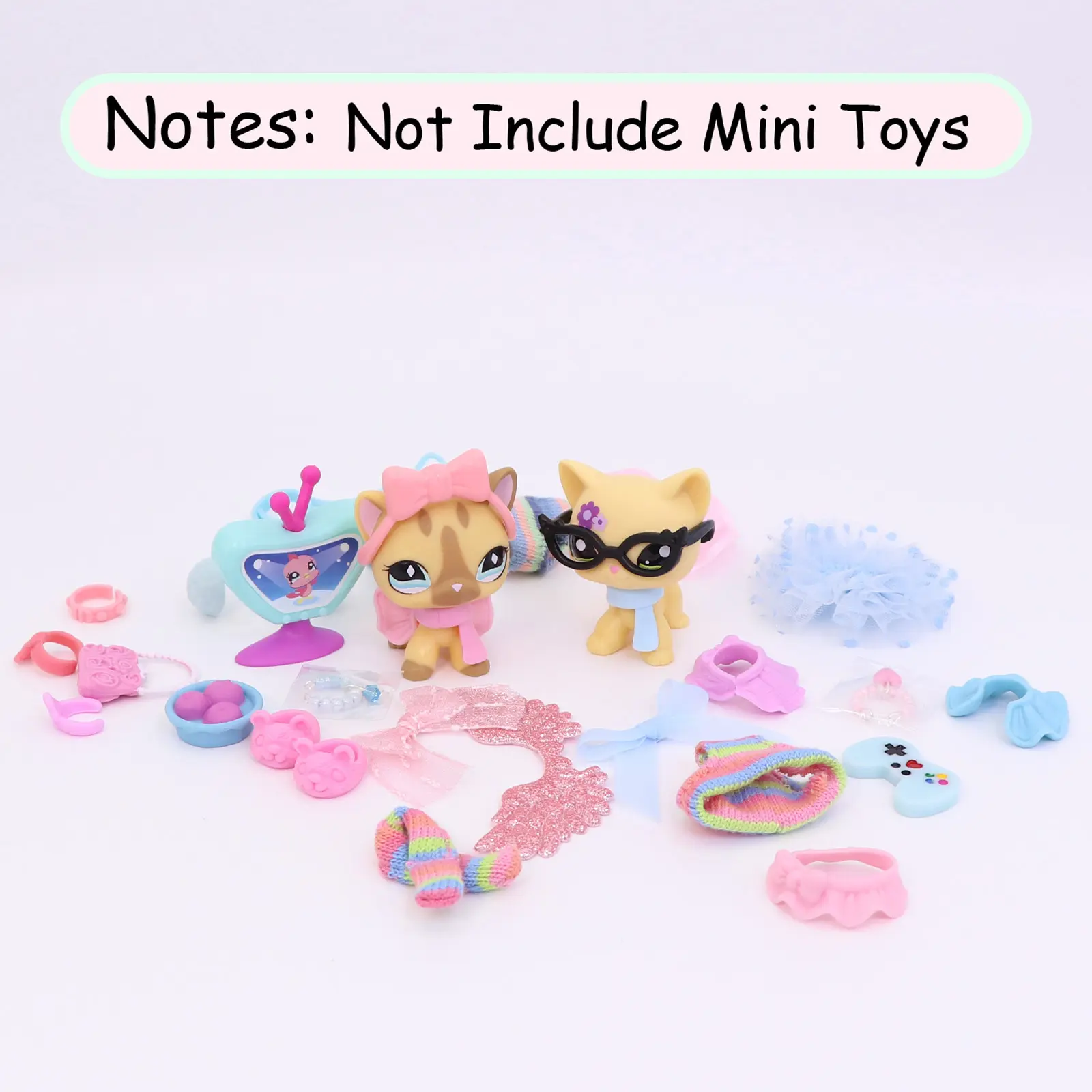 27 pcs Mini Tiny Animal Figure Dress Up Accessories Playset, Rainbow Knit Hat Scarf, Glitter Wing, Skirt Shoes Glasses Jewelry Hair Bows Handbag Game Controller, Complete Doll Decor Kit Pretend Play Gift for Girls