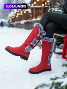 Women's Fuzzy Winter Warm Boots, Plain Color, Flat Sole, Soft Bottom, Plush Lining, Anti-Slip Mid-Calf Snow Boots, Winter Boot Shoes for Christmas