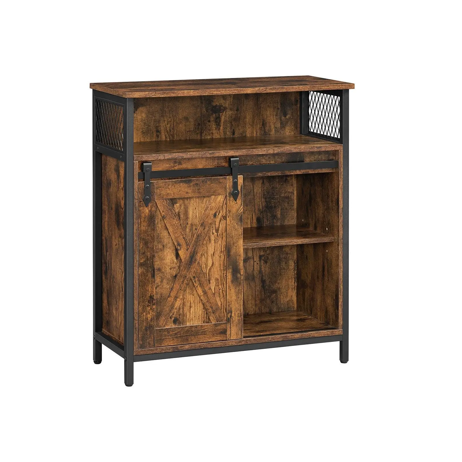 VASAGLE Single Unit Rustic Brown Black Storage Sideboard with Barn Door, Adjustable Storage Cabinet, Modern Alloy Steel Cupboard, Modern Storage Cupboard