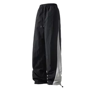 Men's High Street Trendy Brand Colorblock Casual Loose Fit Jogger Pants with Drawstring Ankle Details Unisex Stylish Versatile Black and Gray Pants for Everyday Outings Exercise and Street Style