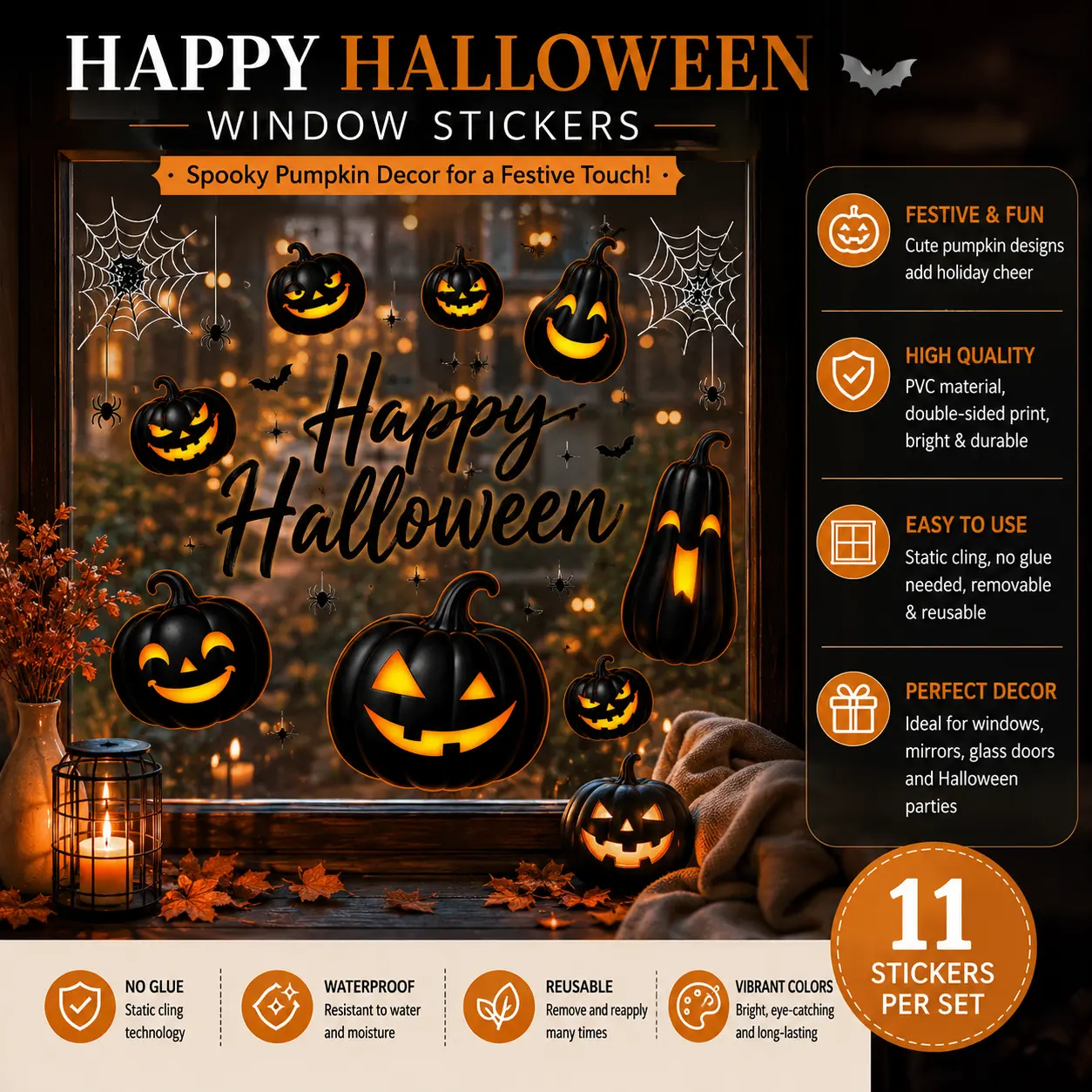 Halloween Pumpkin Window Clings – Removable Cartoon Jack-O’-Lantern Decals for Home, Glass & Storefront Decorations