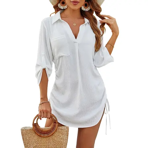 Blooming Jelly Womens Bathing Suit Cover Ups Bikini Swimsuit Coverup Drawstring Beach Dress Shirt White wendy dress yellow dress#TikTokShopFallDealsForYou