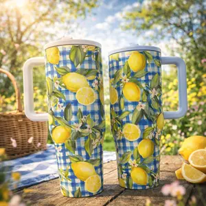 1pc 40oz Stainless Steel Lemon Gingham Tumbler With Handle And Lid, Summer Fruit Insulated Travel Mug, Double Wall Vacuum Cup Keeps Drinks Cold 12H Hot 6H, Large Capacity Coffee Cup For Car Picnic Beach Kitchen Gift For Women Mom Friends