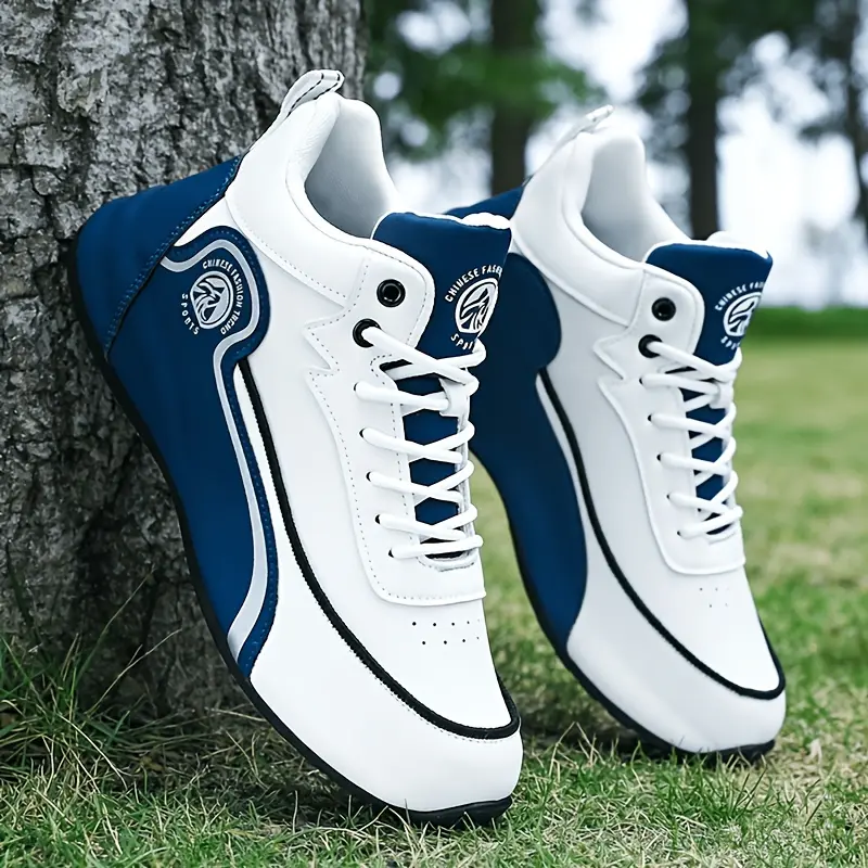 Men's Mid-Top Leather Fashion Sneakers - Color Block Patchwork Platform, Waterproof Non-Slip Cushioned, Lace-Up Lightweight Fit Street Style Shoes, Male Casual Wear Men's Shoes, 2-Color Options (White/Blue/Gray) for Daily Outdoor Gym Use