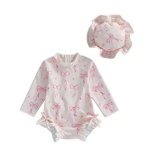 Toddler Girl Swimsuit Rash Guard Cute Bow Print Long Sleeve Round Neck Ruffle Jumpsuit Hat Set for Pool Beach Summer