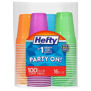 Hefty Party On Disposable Plastic Cups, Assorted, 16 Ounce, 100 Count