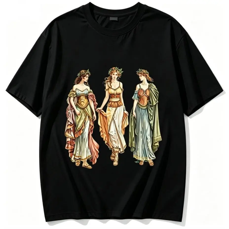 Greek Goddesses Watercolor Graphic T-Shirt for Women, Casual Everyday Short Sleeve Mythology Art Top in Soft Cotton Polyester