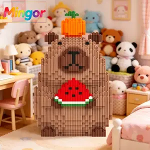 10.5in Kawaii Capybara With Watermelon Micro Building Blocks Set DIY Animal Decor