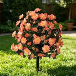 Artificial Flowers for Outdoor with Ground Spike, 22" Faux Azalea Silk Floral Topiary Ball Bushes Shrubs for Garden Yard Patio Home Decor, UV Resistant (Tangerine)