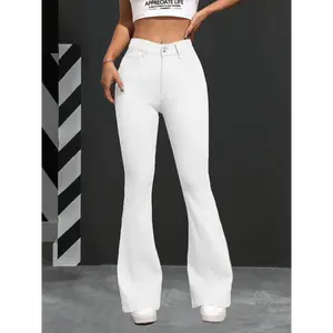 Women's Elegant High-Waist Stretch Flare Jeans BA4008037 - Solid White Cotton Spandex Pants with Button Closure for All-Season Casual Wear barrel jeans bootcut jeans