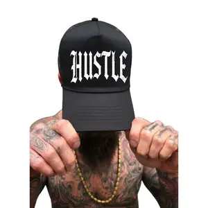 TheDriveClothing Hustle Black Curved Bill Hat – Snapback Trucker Cap, White Print Mesh Back Adjustable Hat, Unisex Streetwear Casual Cap