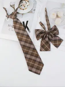 Handmade Plaid Polyester Jk Uniform Shirt Set, Casual Style Women's Bow Tie and Lapel Pin, Plaid Print Tie, All Seasons Fashion