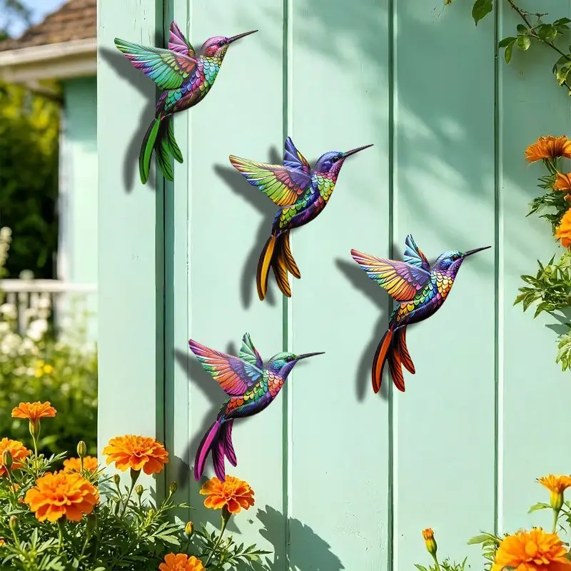 4pcs Colorful Iron Hummingbird Wall Decor, Hanging Decor, Waterproof Rust-Resistant, Garden Decoration, Outdoor Signage, Mother's Day Gift