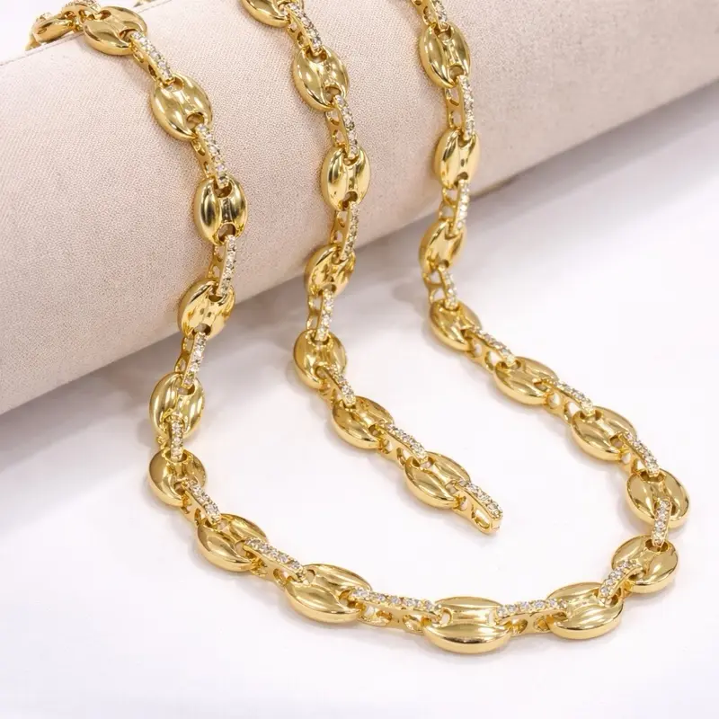 Coffee # 41 bean set with zirconias laminated gold 14 k, 20 inches the chain, 7 inches the pulse