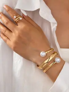 New Cold-Style Irregular Line Open Bracelet Ring Set, Vintage Faux Pearl Jewelry, Style Accessory, Women's Fashion Accessories