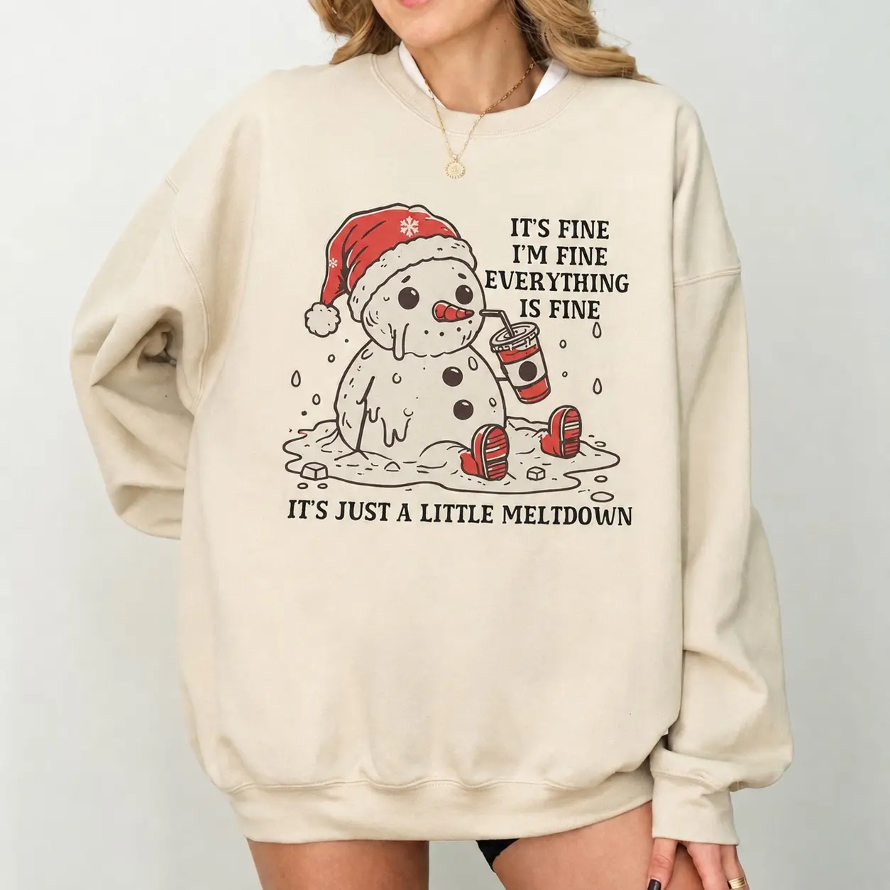 Funny Christmas Mental Health Sweatshirt – vintage “It’s Fine” snowman meltdown design, cozy holiday crewneck perfect for winter parties and humor lovers.