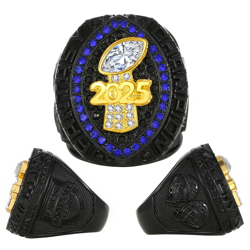 2025 Fantasy Series Football Championship Ring - Bold Black Shining Alloy, Metal-Coated, Rhinestone Iced Out Figure Accents, Sports Collectible for Fans, Christmas Costume Jewelry Gift