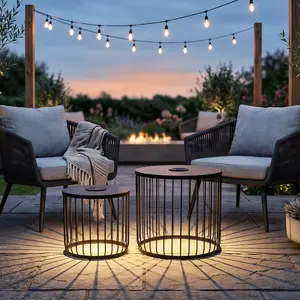 2-Pack Solar LED Nesting Side Tables, Metal Wire Cage End Tables, Indoor Outdoor Accent Tables for Patio Garden Living Room