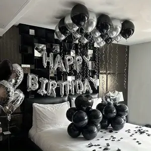 32pcs Birthday Balloon Set - 16inch Silver Happy Birthday Letter Balloons - 18inch Black and Silver Heart-shaped Aluminum Foil Balloons and Latex Balloons - Suitable for Birthday Party Decoration - Indoor Wall Decoration Banner Celebration