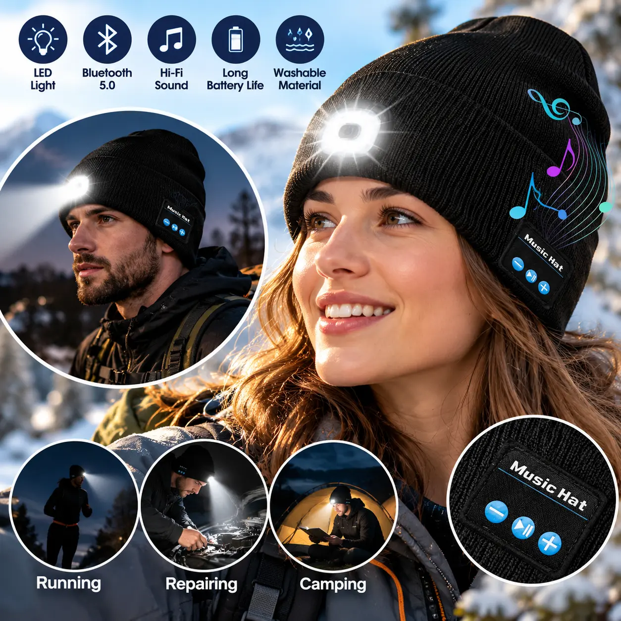 USB Rechargeable Bluetooth Music Beanie for Men and Women, Knitted Winter Hat with 4 LED Headlamp, Built-In Speakers and Microphone, Outdoor Holiday Gift