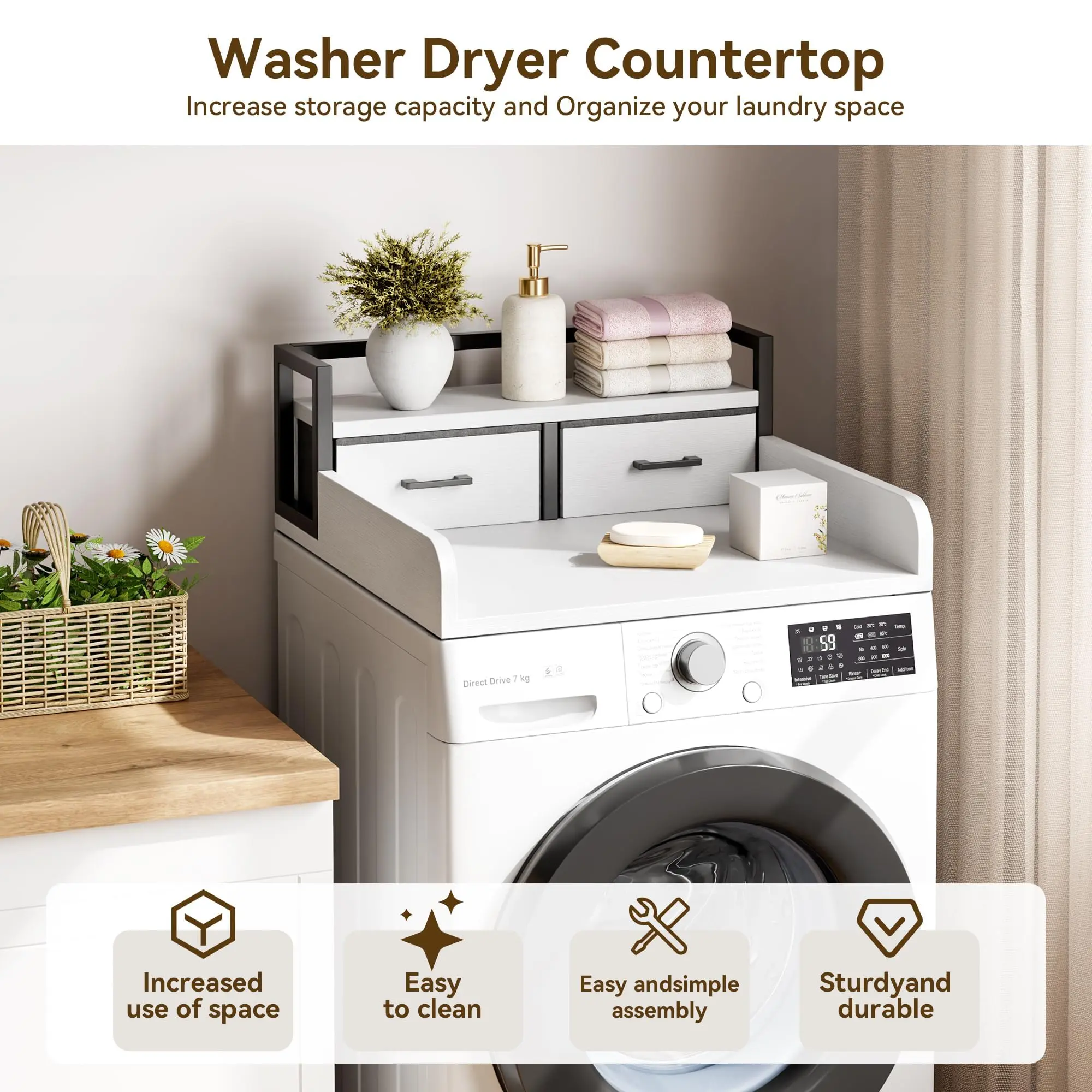Modern Rectangular 2-Tier Washer Dryer Countertop - Premium Laundry Organizer, Laundry Storage, Engineered Wood Build, Antislip Top, 2 Drawers, High Guardrails, Smooth Edges