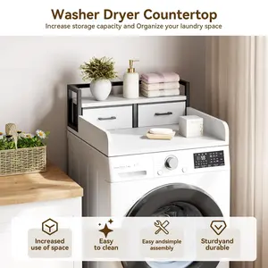 2-Tier Washer Dryer Countertop - Premium Laundry Organizer with Storage Shelf, 2 Drawers, High Guardrails & Smooth Edges