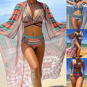 2026 New Three-Piece Swimsuit Set: Beachwear, European and American Style Bikini with Cross-Straps, High-Waisted with Shawl