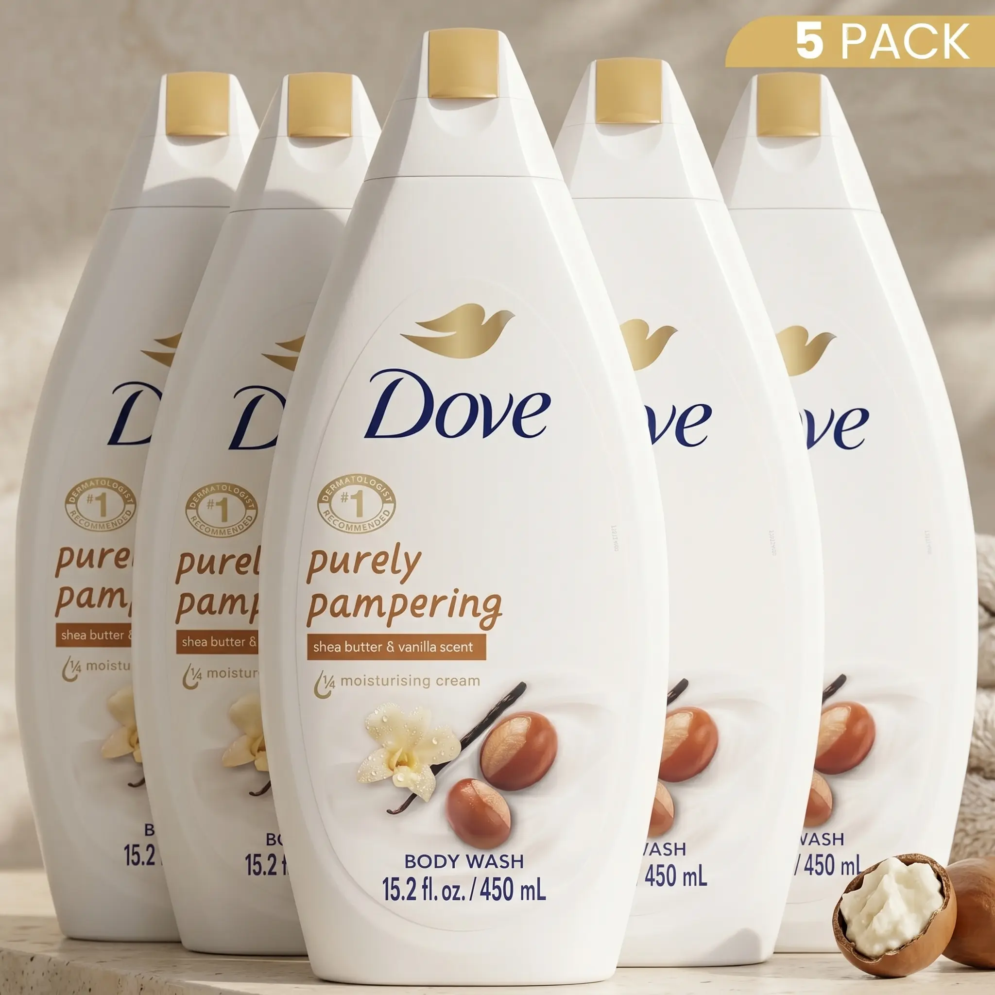 Dove Purely Pampering Body Wash with Shea Butter & Vanilla, Moisturizing Cleanser for Softer Skin, 5-Pack, 15.2 oz (450ml)