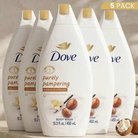 Dove Purely Pampering Moisturizing Shower Cream Cleanser - Shea Butter & Vanilla Scents, Unisex Body Care Routine, 5-Pack 15.2 oz (450ml) for Youth, Smelling Good & Complete Body Care, Moisturizing Body Wash