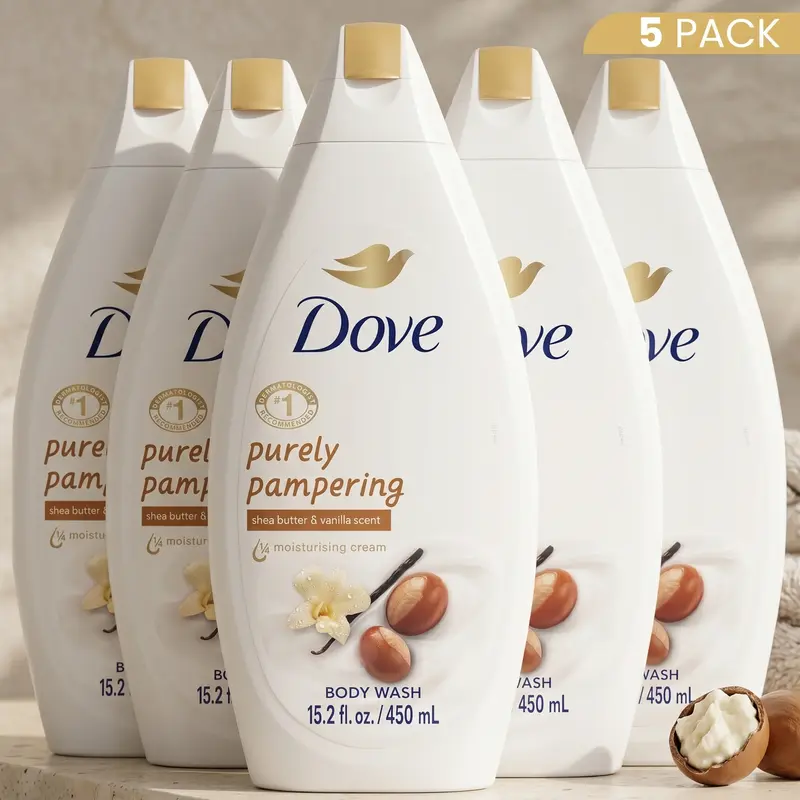 Dove Purely Pampering Moisturizing Shower Cream Cleanser - Shea Butter & Vanilla Scents, Unisex Body Care Routine, 5-Pack 15.2 oz (450ml) for Youth, Smelling Good & Complete Body Care, Moisturizing Body Wash