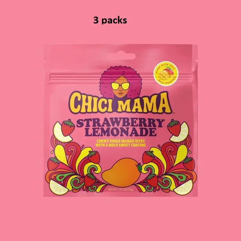 3 packs | Chici Mama Strawberry Lemonade-Flavored Tangy Sweet-Spicy Chewy Dried Mango Snack, 270g Crystallized-Coat Vegetarian Chewing Fruit Food, Citrus Strawberry Tropical Sweet Treat