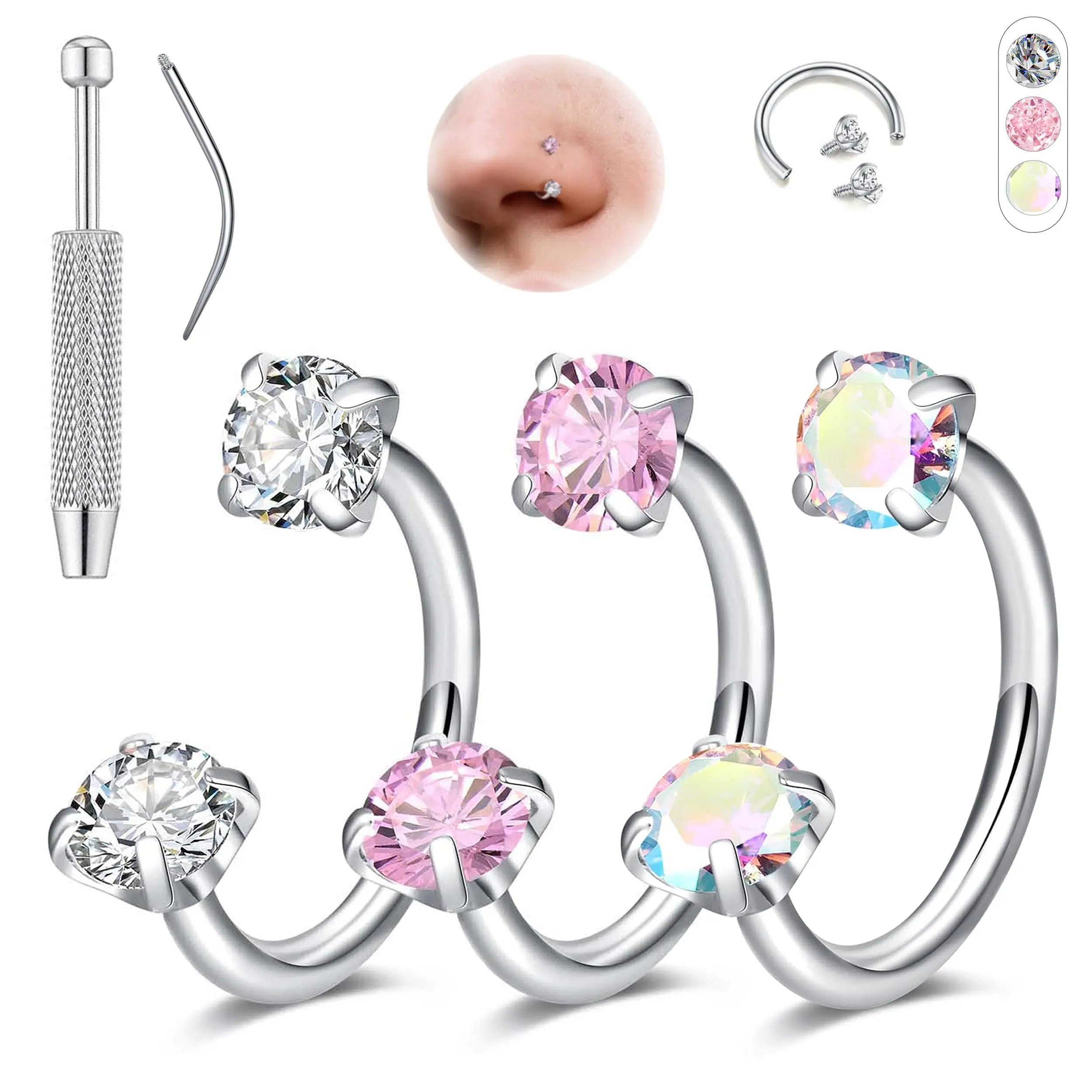 Women's 18G Surgical Steel Horseshoe Body Jewelry Set - 6-8mm Gold & Silver Gemstone Hoop Piercing Jewelry, Body-Safe Nose Ring with Tool for Cartilage, Helix, Labret