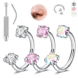 Women's 18G Surgical Steel Horseshoe Body Jewelry Set, 6-8mm Gold & Silver Gemstone Hoop Piercing Jewelry, Body-Safe Nose Rings with Tool for Cartilage Helix Tragus Earring Labret Lip