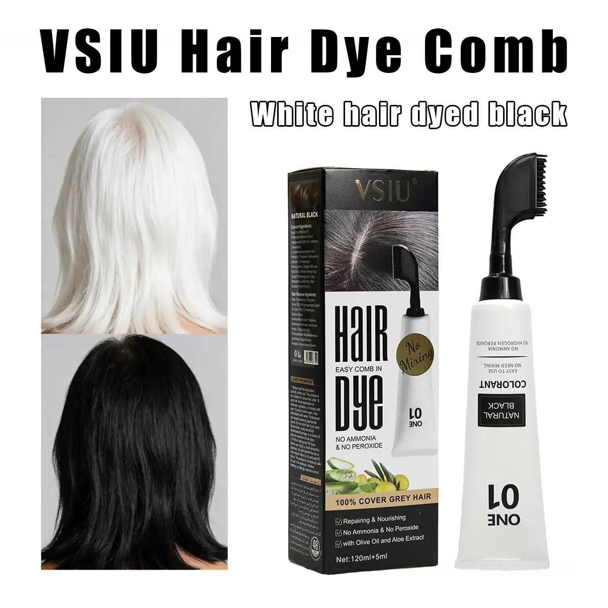 VSIU Hair Dye Comb Kit - Portable Home Use, Olive Oil & 10 Natural Plant Extracts, Ammonia-Free, No Peroxide, Non-Irritating Gray Coverage, Black & Brown Options, 1 Box (Includes Dye Tools)