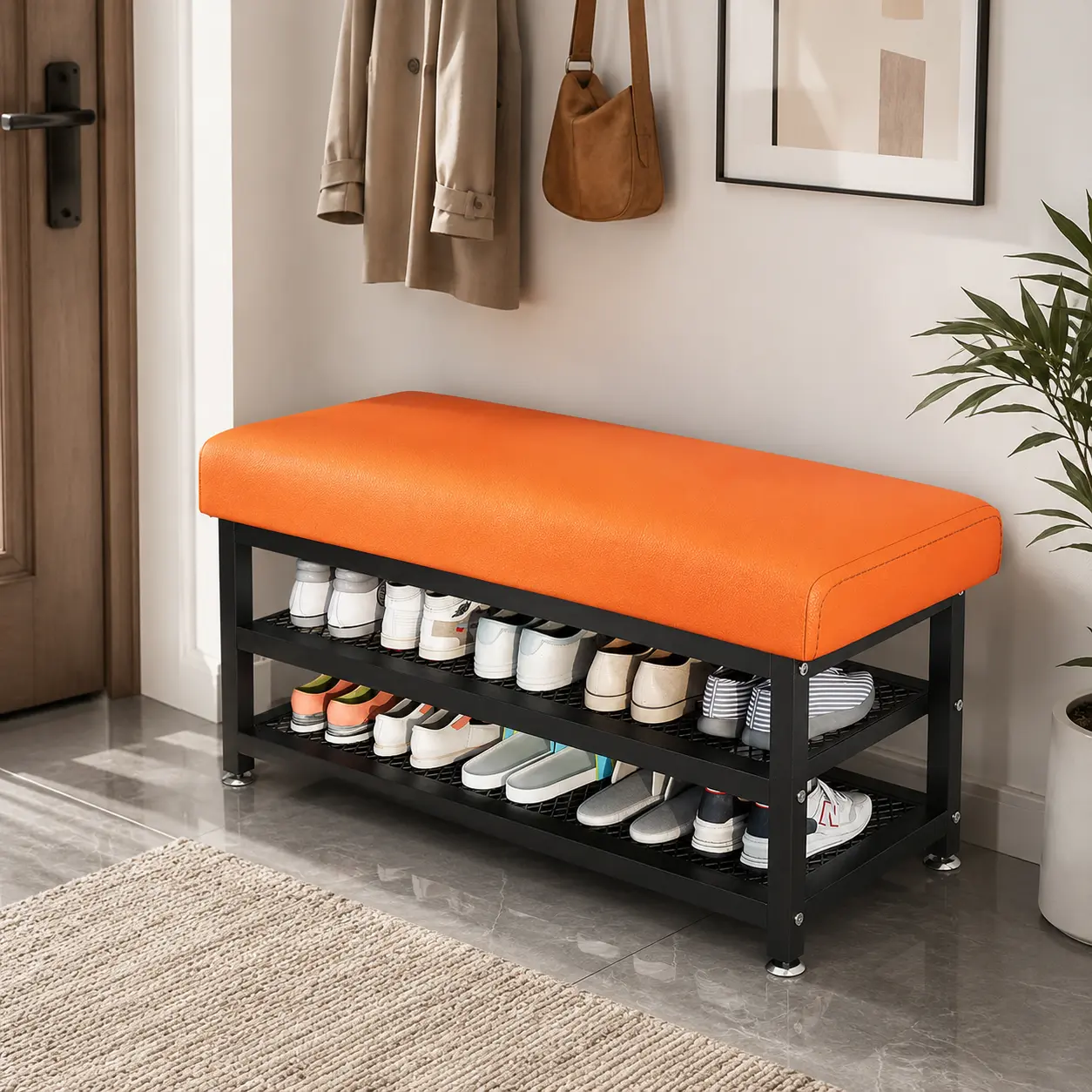31.5-Inch Rectangular Cushioned Seat Shoe Organizer, 3-Tier Steel Frame with Legs, Space-Saver Entryway Storage Furniture, Furniture for Small Spaces, Orange & Gray Tech Fabric Hallway Rack