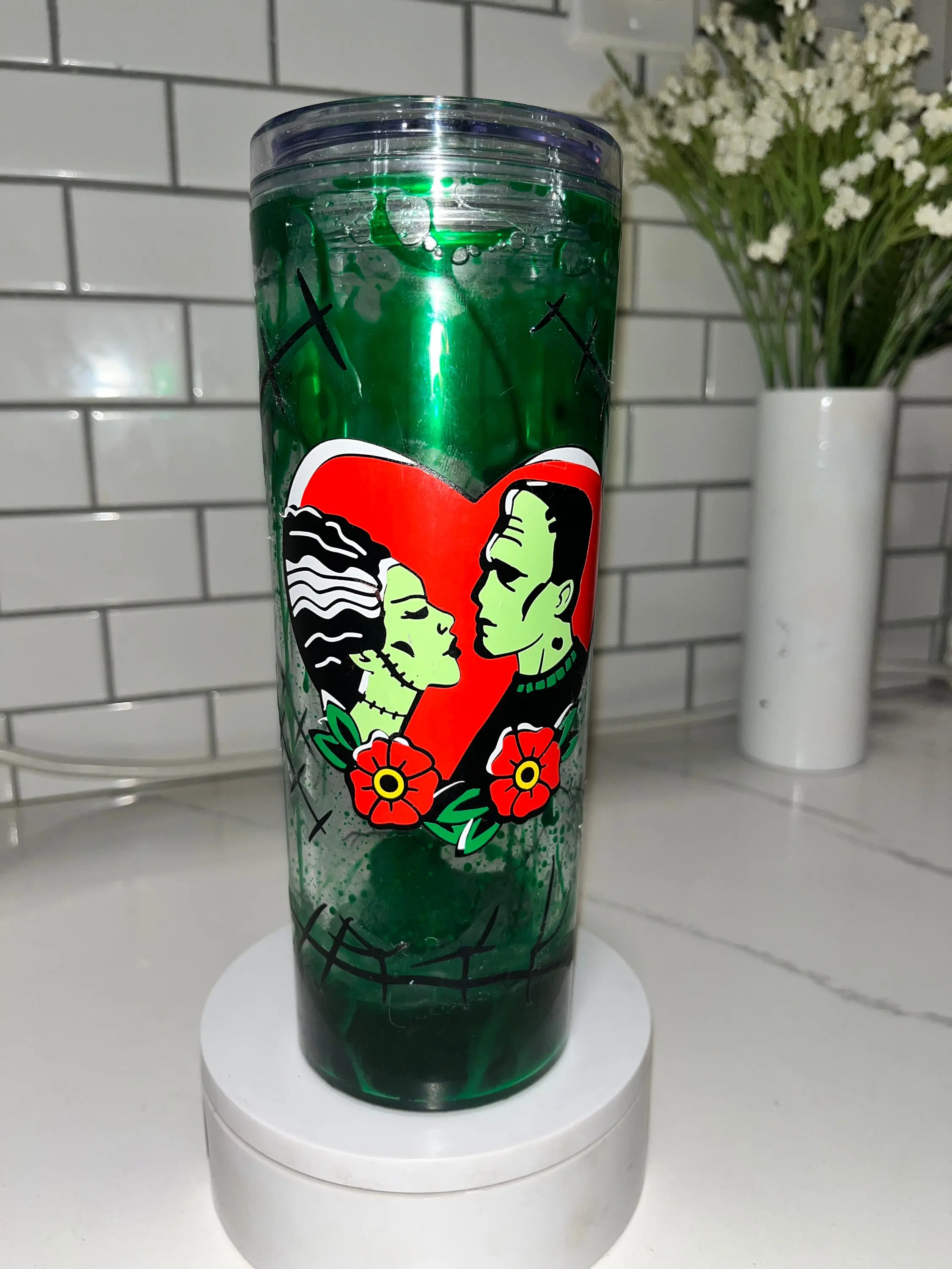 Handmade Glow in the Dark Frankenstein Halloween Snowglobe Tumbler 20oz Double-Walled Acrylic with Straw Reusable Cold Drinkware Mug