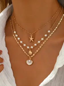 Beach Casual Starfish Shell Stackable Clavicle Chain, Fashion Pearl Three-Piece Necklace Set for Women, All Seasons Jewelry