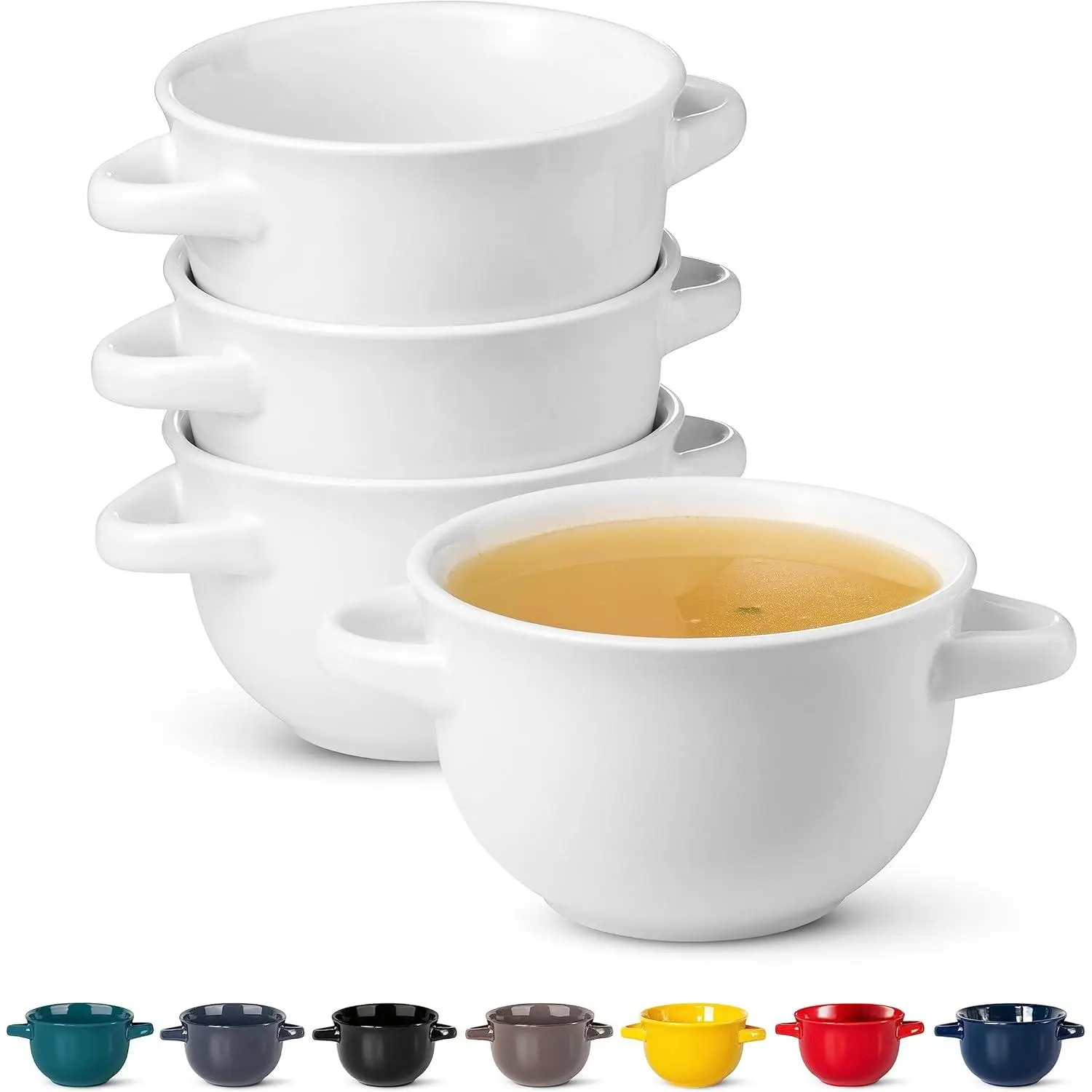 KooK Soup Bowls, French Onion Soup Bowls, Soup Crocks, Oven Safe Bowls, Soup Mugs, Ceramic Bowls, Dishwasher, Microwave, Set of 4, 18 oz (White)