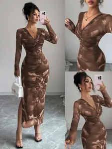 Women's Fashion Sexy V Neck Long Sleeve Tight Mid-Length Dress, Elastic Mesh Floral Pattern, Elegant Chic Slim-Fitting Spring & Fall Dress