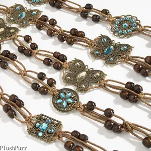 Boho Butterfly Waist Belt - Handmade Woven Rope with Rhinestone Accent & Wooden Beads Ethnic Style Accessory for Vacation Festival Outfits Adjustable Fit 68-100cm