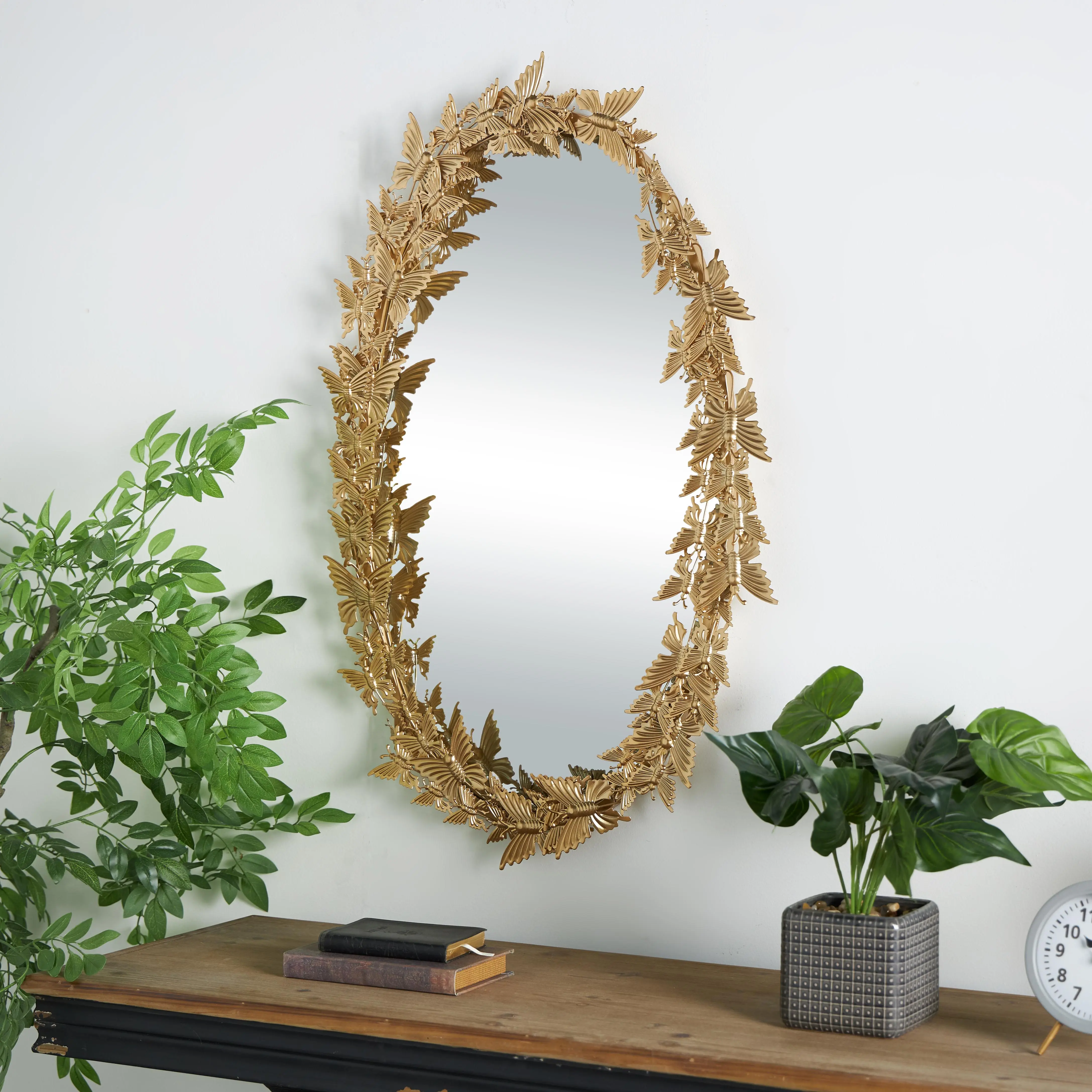 Gold Metal Butterfly Oval 3D Wall Mirror for Room Decor, 19"x5"x33" Home Decor Accent for Entryway with Light Element