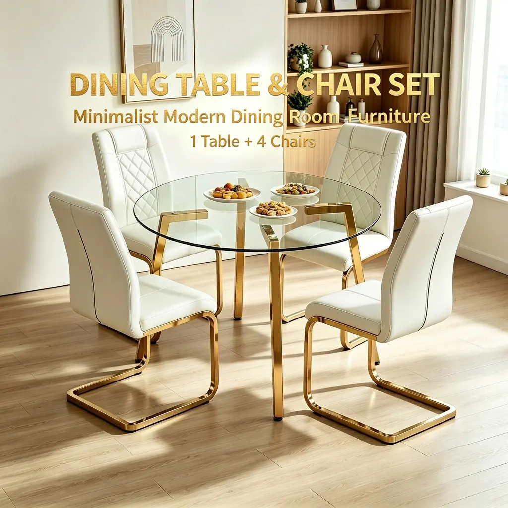 [2 Packages]5-Piece Modern Glass Dining Table Set w/ Gold Metal Legs & 4 High-Back PU Leather Chairs, Round Transparent Tempered Top, for Kitchen Dining Room, White/Gold