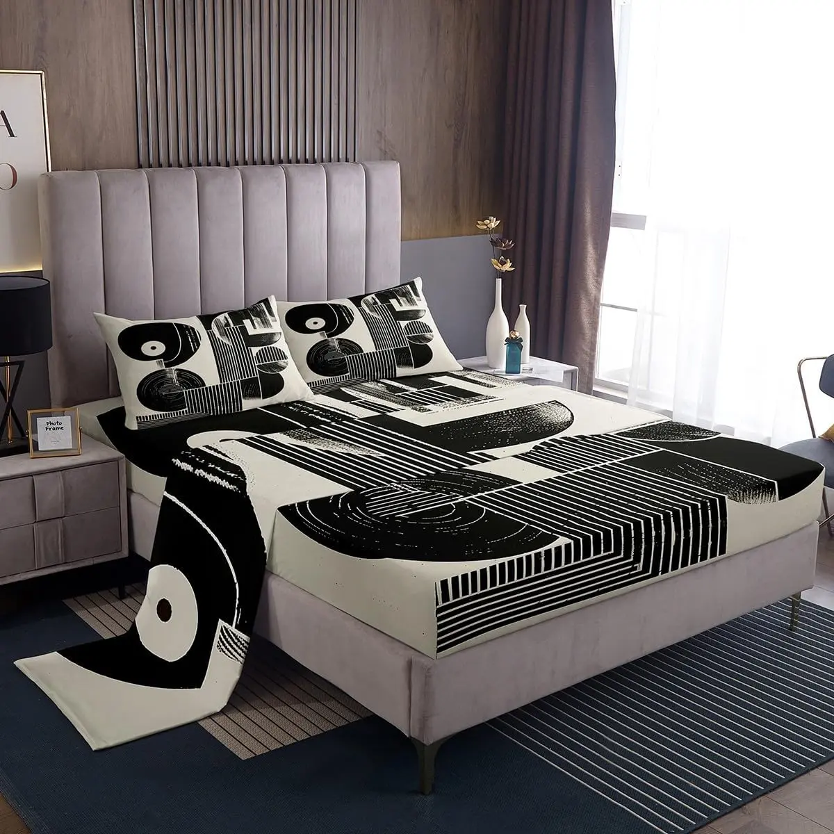 Feelyou Vintage Disc Themed Bedsheet Set - Soft, Breathable Decorative Bedding Set with Secure Fitted Sheets, Vinyl Record & CD Card Designs for Teens, Bedsheet Sets