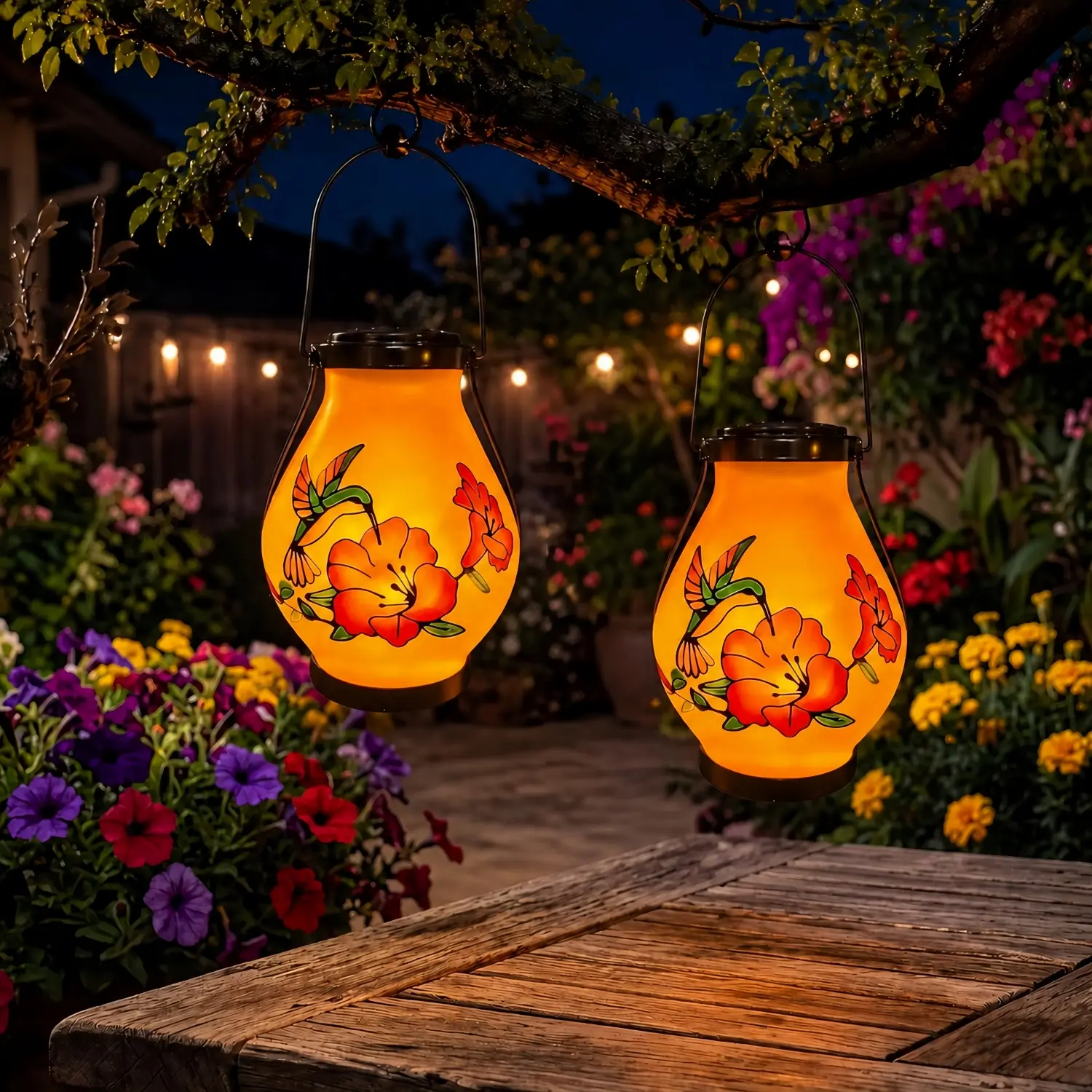 2-Pack Whimsical Hummingbird Pattern Flashing Flame Solar Lanterns - Waterproof, Long-Lasting, Battery-Included Outdoor Hanging Decor for Porch, Garden Holiday Decoration (Christmas Gifts, Holiday Givers, Durability Focused)