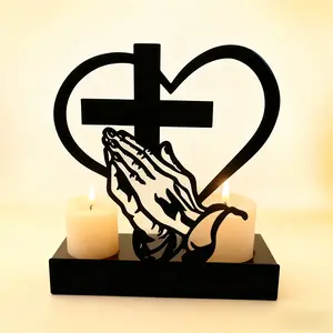 Metal Christian Prayer Candle Holder with Praying Hands and Cross Heart Pattern, Church and Home Altar Decor, Christmas Easter Thanksgiving, Religious Home Decor, Stylish Religious Decor